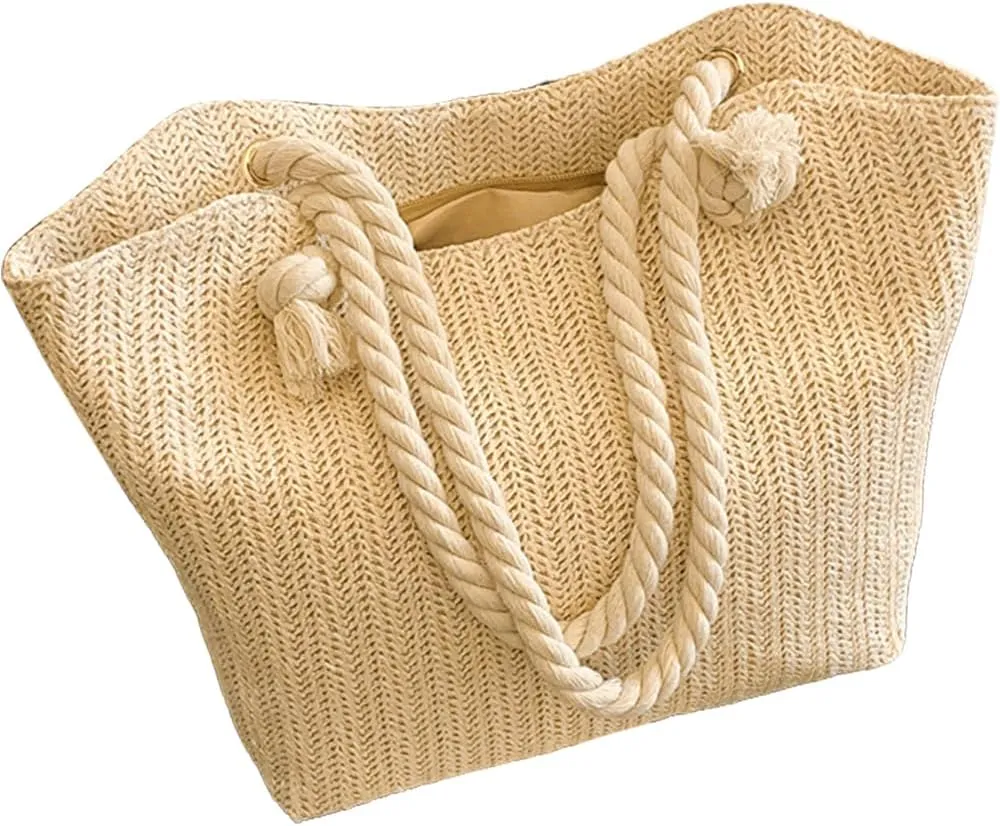 Straw Beach Tote Bag, Summer Woven Shoulder Handbag, Rope Handle Purse for Vacation Travel Shopping