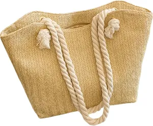 Straw Beach Tote Bag, Summer Woven Shoulder Handbag, Rope Handle Purse for Vacation Travel Shopping