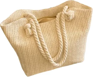 Straw Beach Tote Bag, Summer Woven Shoulder Handbag, Rope Handle Purse for Vacation Travel Shopping
