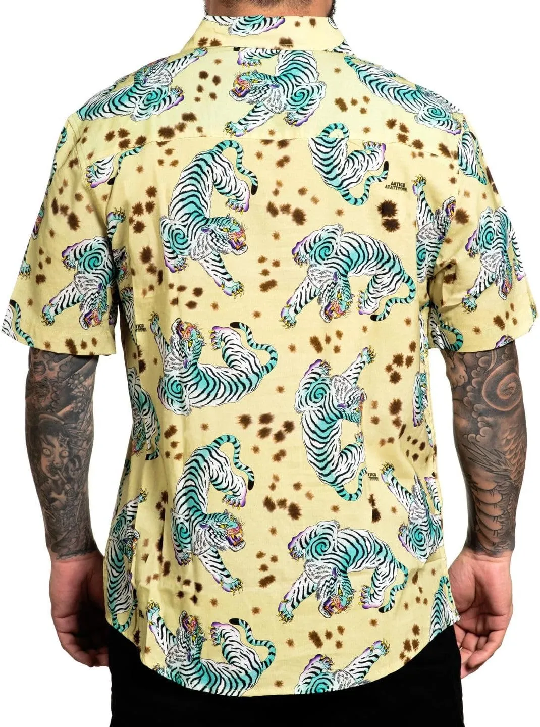 Sullen Men's Turquoise Tiger Button Down Graphic Tattoo Lifestyle Woven Short Sleeve Lightweight Shirt