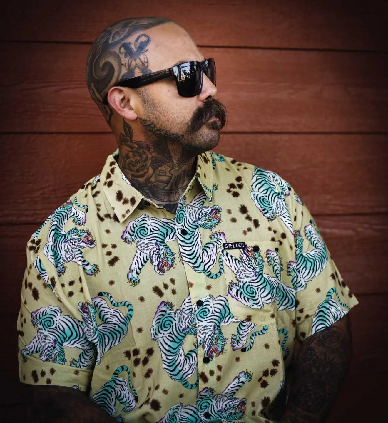 Sullen Men's Turquoise Tiger Button Down Graphic Tattoo Lifestyle Woven Short Sleeve Lightweight Shirt