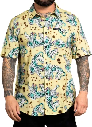 Sullen Men's Turquoise Tiger Button Down Graphic Tattoo Lifestyle Woven Short Sleeve Lightweight Shirt