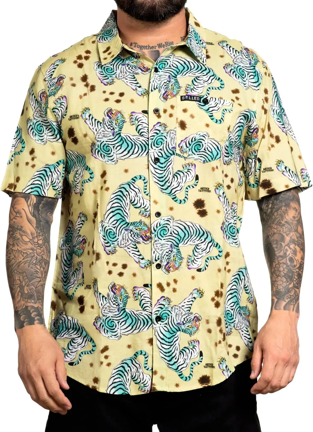 Sullen Men's Turquoise Tiger Button Down Graphic Tattoo Lifestyle Woven Short Sleeve Lightweight Shirt