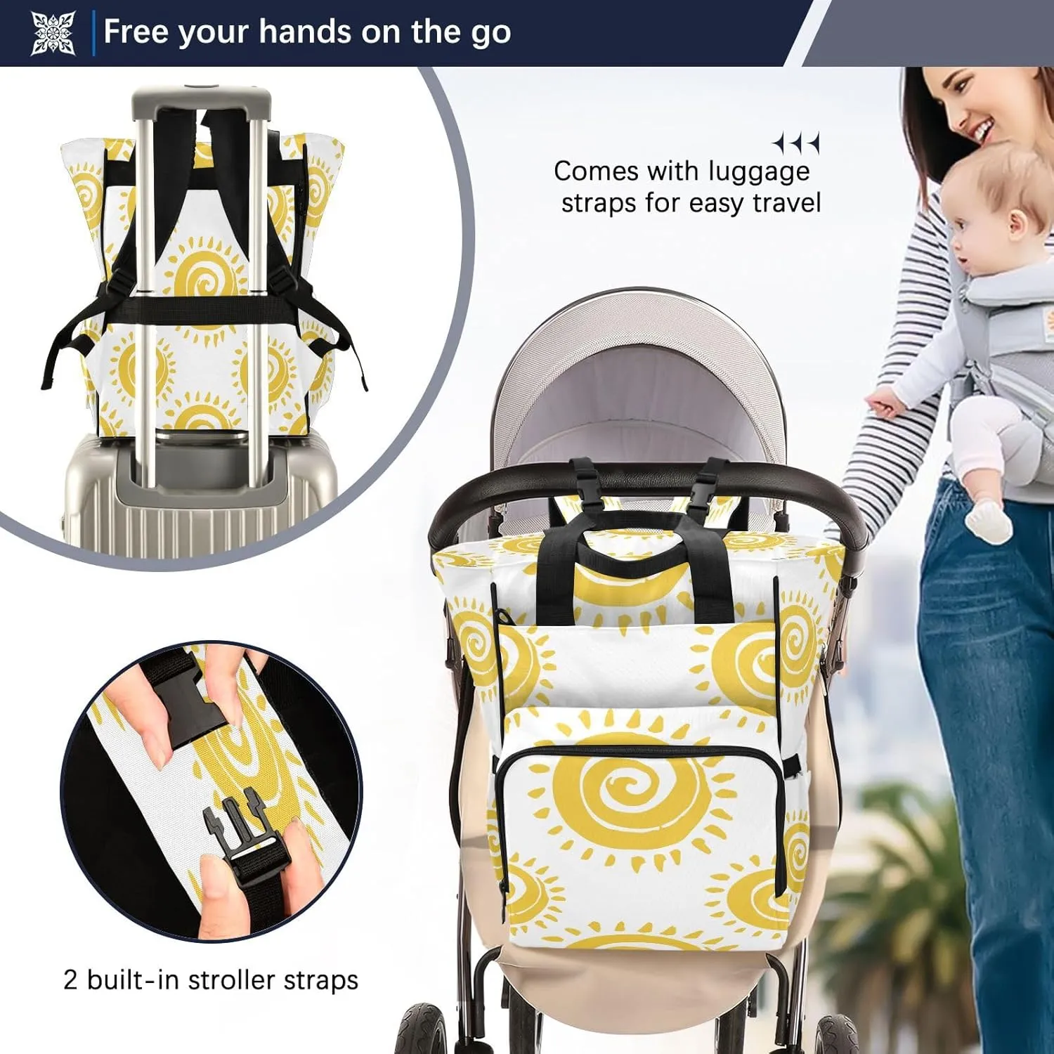 Summer Sun Pattern Diaper Bag Backpack, Mommy Bag, Multifunctional Diaper Bag, Travel Backpack