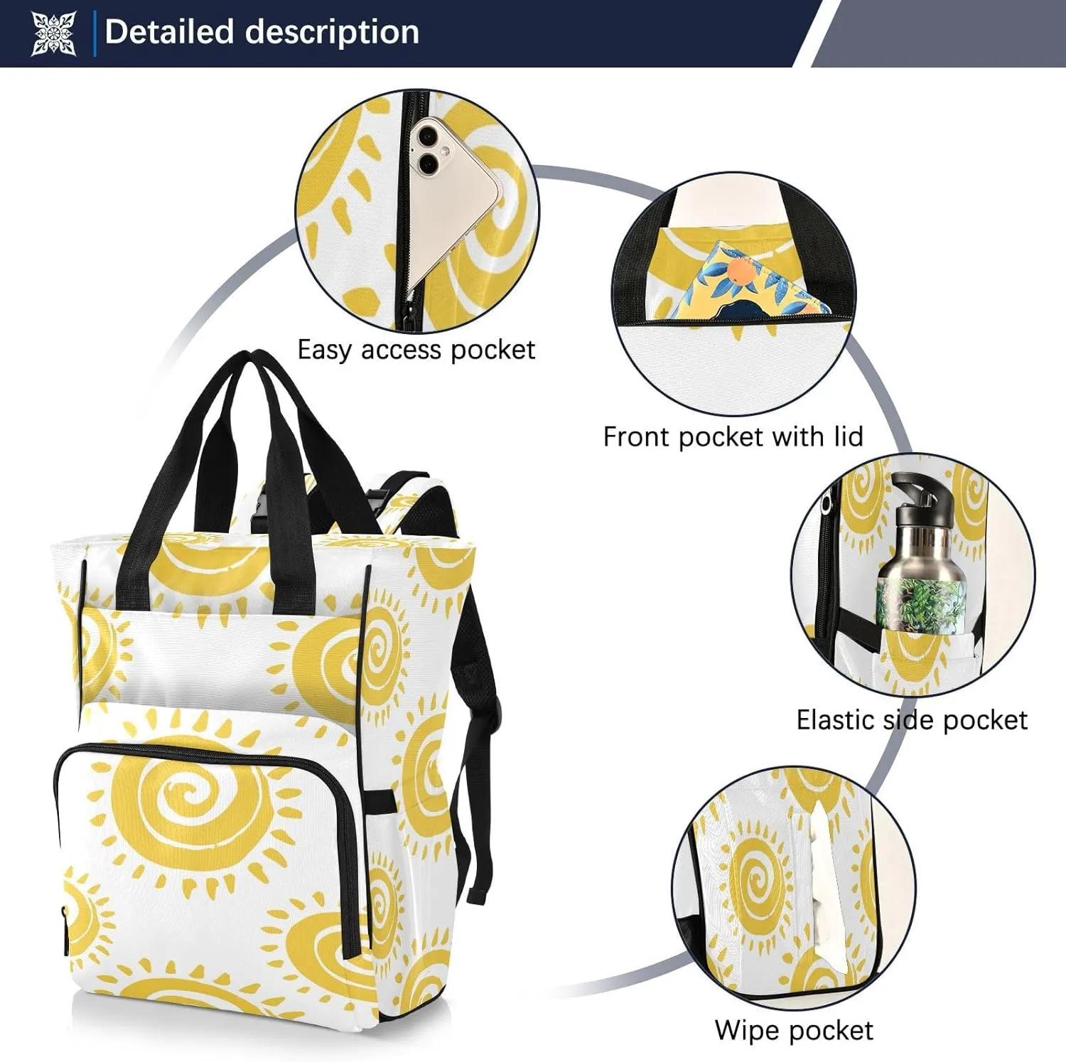 Summer Sun Pattern Diaper Bag Backpack, Mommy Bag, Multifunctional Diaper Bag, Travel Backpack