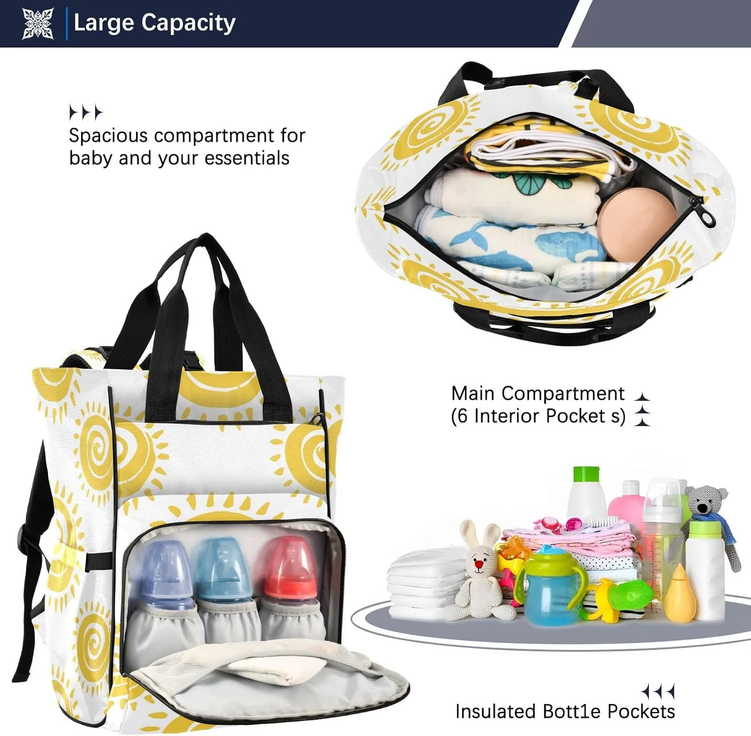 Summer Sun Pattern Diaper Bag Backpack, Mommy Bag, Multifunctional Diaper Bag, Travel Backpack