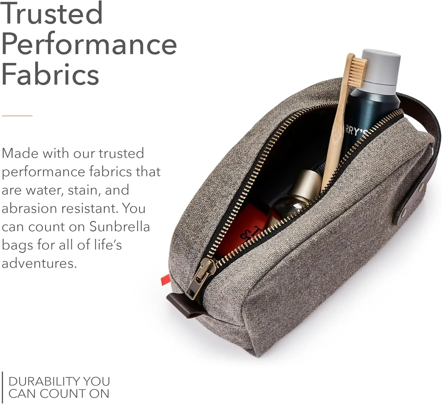 Sunbrella Andy Travel Kit | Durable Toiletry Bag | Water & Stain Resistant Bag for Travel Accessories | Unisex Shave & Cosmetic Bag | Recycled Fabric | Stone/Gray