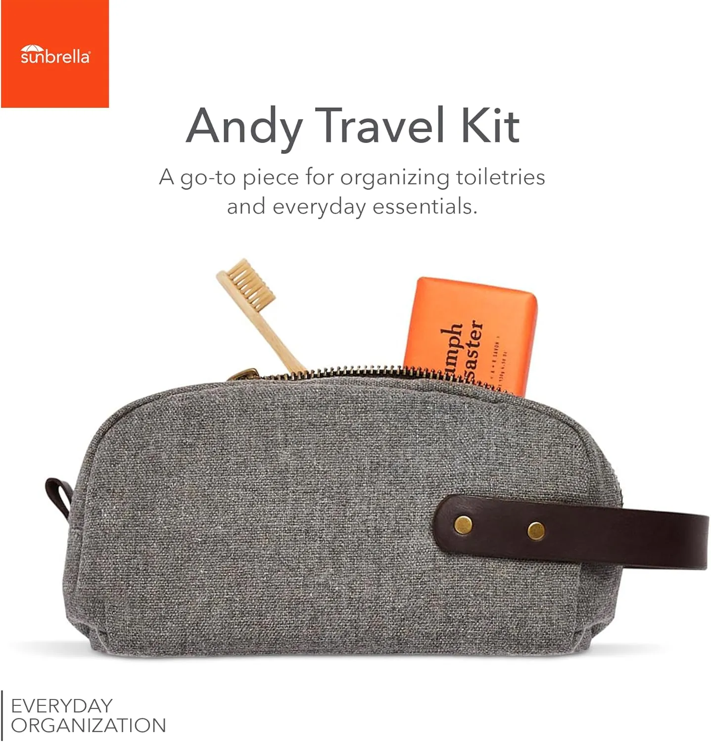 Sunbrella Andy Travel Kit | Durable Toiletry Bag | Water & Stain Resistant Bag for Travel Accessories | Unisex Shave & Cosmetic Bag | Recycled Fabric | Stone/Gray