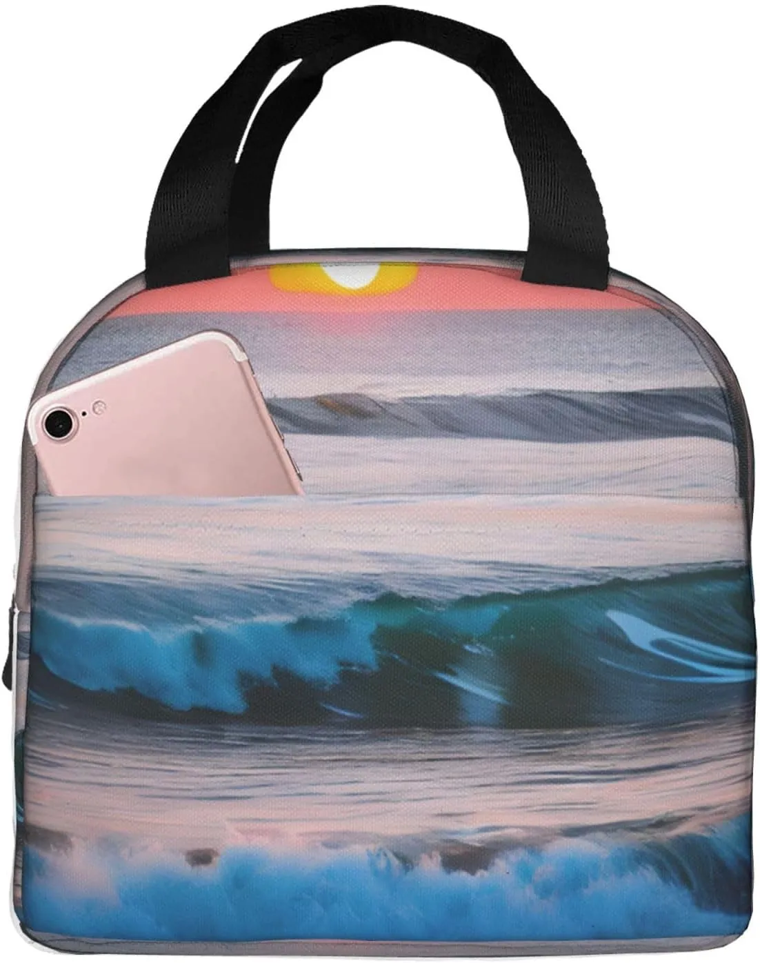 Sunset And Sunrise With Ocean Sea Waves Print Lightweight Insulated Lunch Bag Beach Trips Work Hiking Camping Daily Organization
