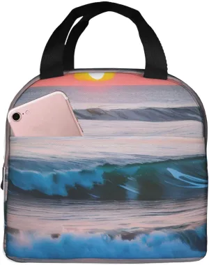 Sunset And Sunrise With Ocean Sea Waves Print Lightweight Insulated Lunch Bag Beach Trips Work Hiking Camping Daily Organization
