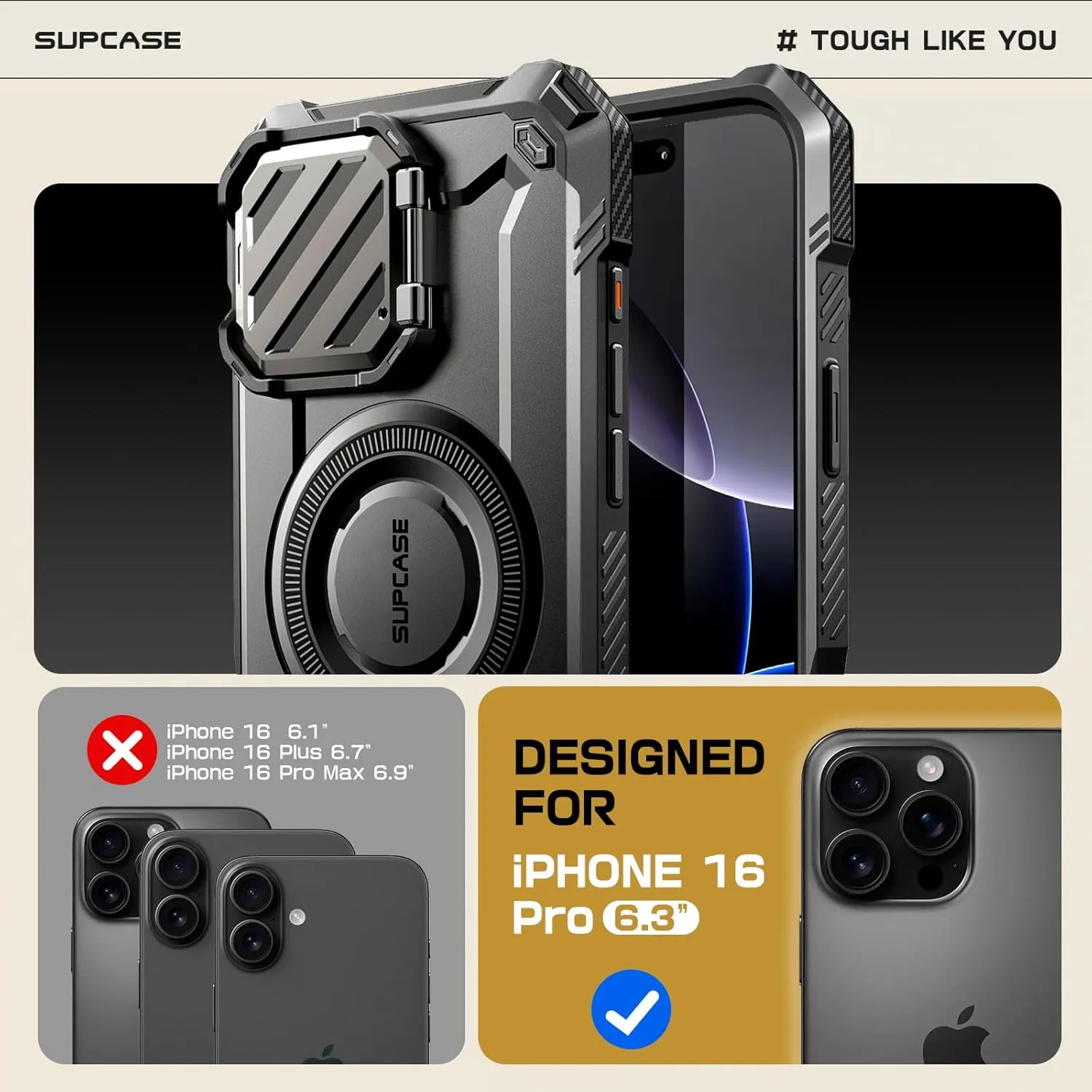 SUPCASE for iPhone 16 Pro Case 6.3'' 2024 with Camera Cover Stand (UBMag XT), [Compatible with MagSafe] [Built-in Kickstand] [Military-Grade Protection] Heavy Duty Rugged Magnetic Phone Case, Black