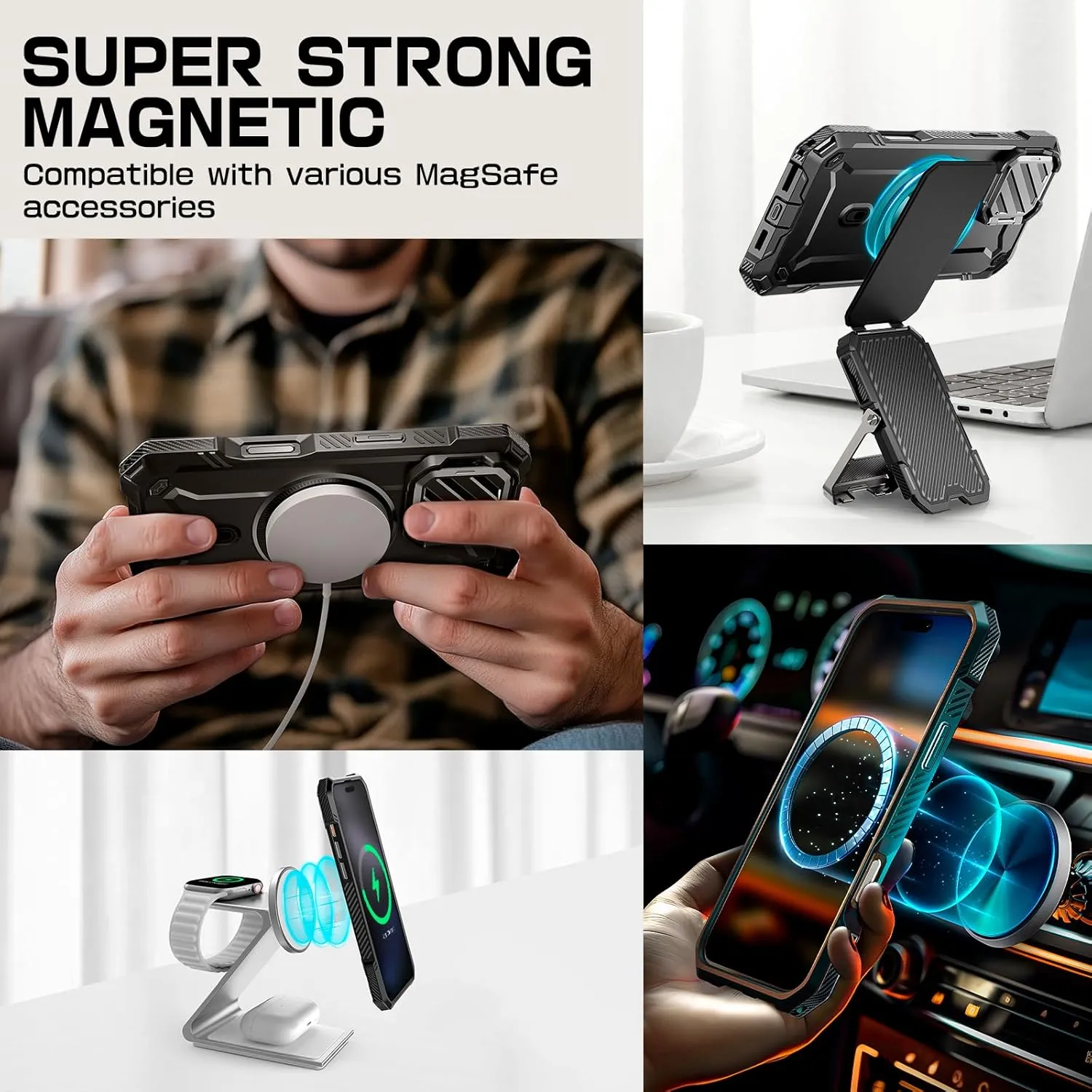 SUPCASE for iPhone 16 Pro Case 6.3'' 2024 with Camera Cover Stand (UBMag XT), [Compatible with MagSafe] [Built-in Kickstand] [Military-Grade Protection] Heavy Duty Rugged Magnetic Phone Case, Black