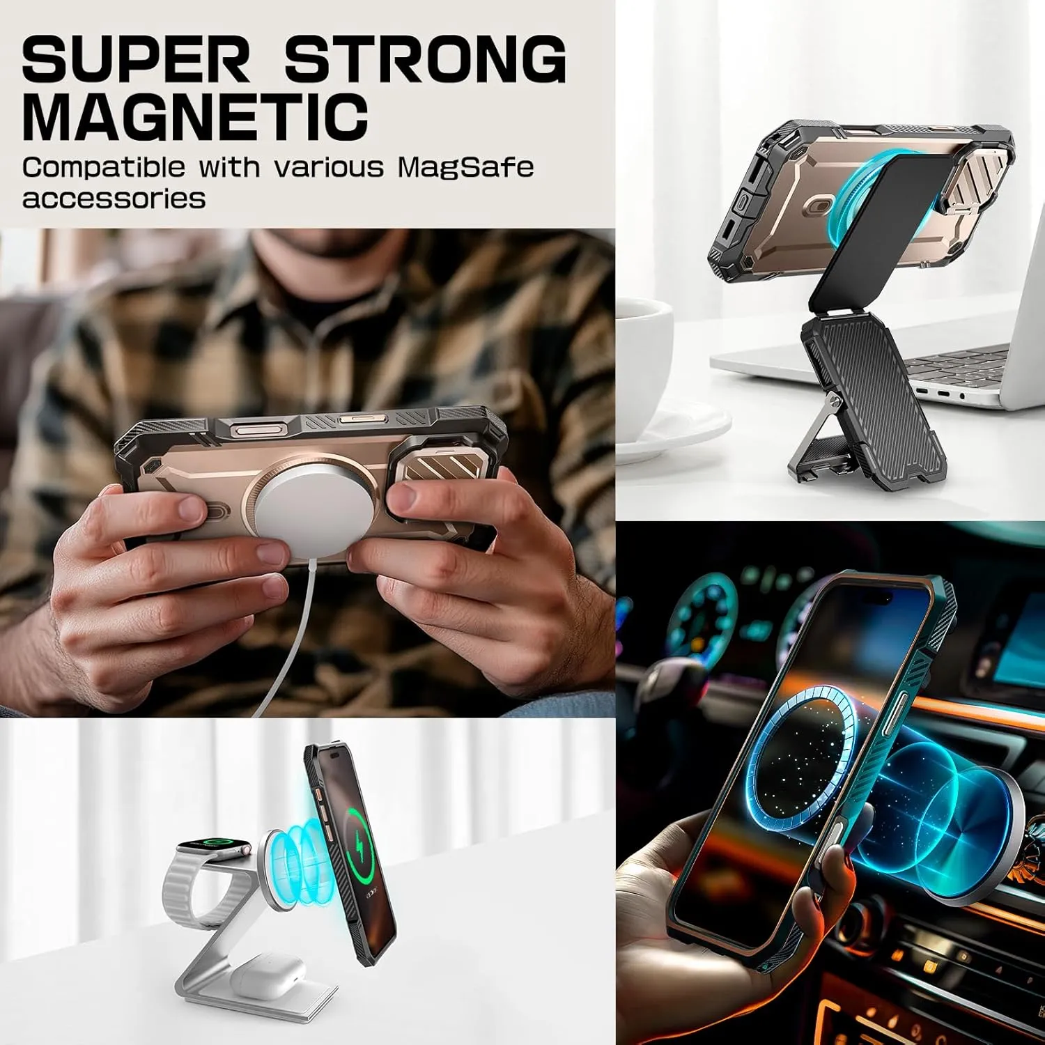 SUPCASE for iPhone 16 Pro Case 6.3'' 2024 with Camera Cover Stand (UBMag XT), [Compatible with MagSafe] [Built-in Kickstand] [Military-Grade Protection] Heavy Duty Rugged Magnetic Phone Case, RoseGold