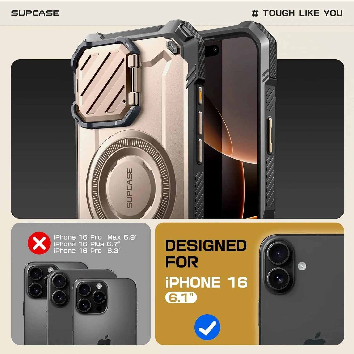 SUPCASE for iPhone 16 Pro Case 6.3'' 2024 with Camera Cover Stand (UBMag XT), [Compatible with MagSafe] [Built-in Kickstand] [Military-Grade Protection] Heavy Duty Rugged Magnetic Phone Case, RoseGold