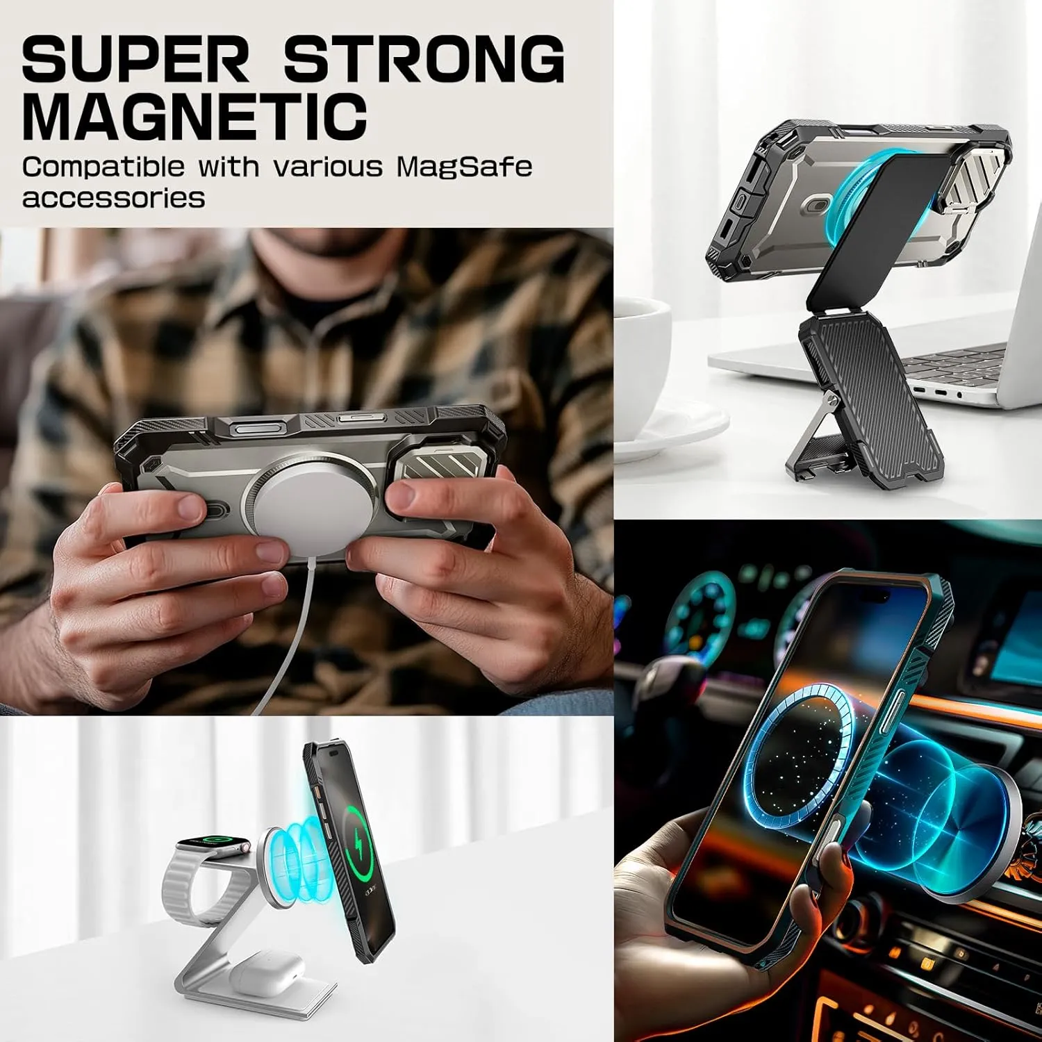 SUPCASE for iPhone 16 Pro Case 6.3'' inch with Camera Cover Stand (UBMag XT), [Compatible with MagSafe] [Built-in Kickstand] [Military-Grade Protection] Heavy Duty Rugged Magnetic Phone Case, 24TiGray