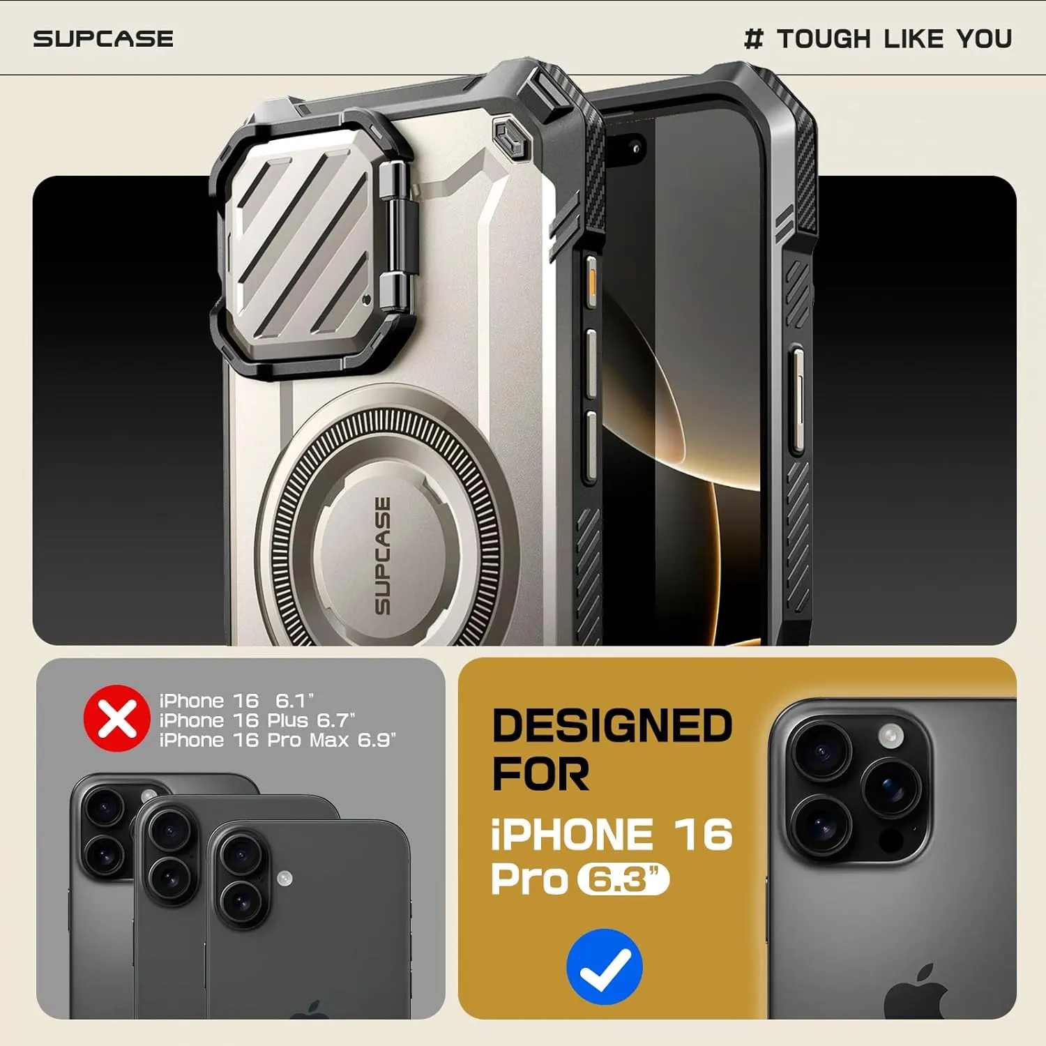 SUPCASE for iPhone 16 Pro Case 6.3'' inch with Camera Cover Stand (UBMag XT), [Compatible with MagSafe] [Built-in Kickstand] [Military-Grade Protection] Heavy Duty Rugged Magnetic Phone Case, 24TiGray