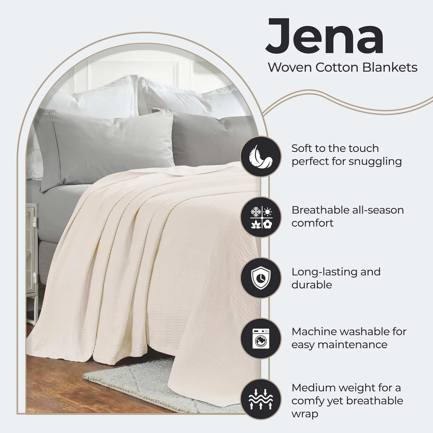 Superior JENA Cotton Blanket, for Picnic, Beach, Traveling or Camping, Bedroom Decor, Essentials, Cover for Bed, Couch, Lounging, Textured Jacquard, Modern Chevron Woven Blanket, Throw, Ivory