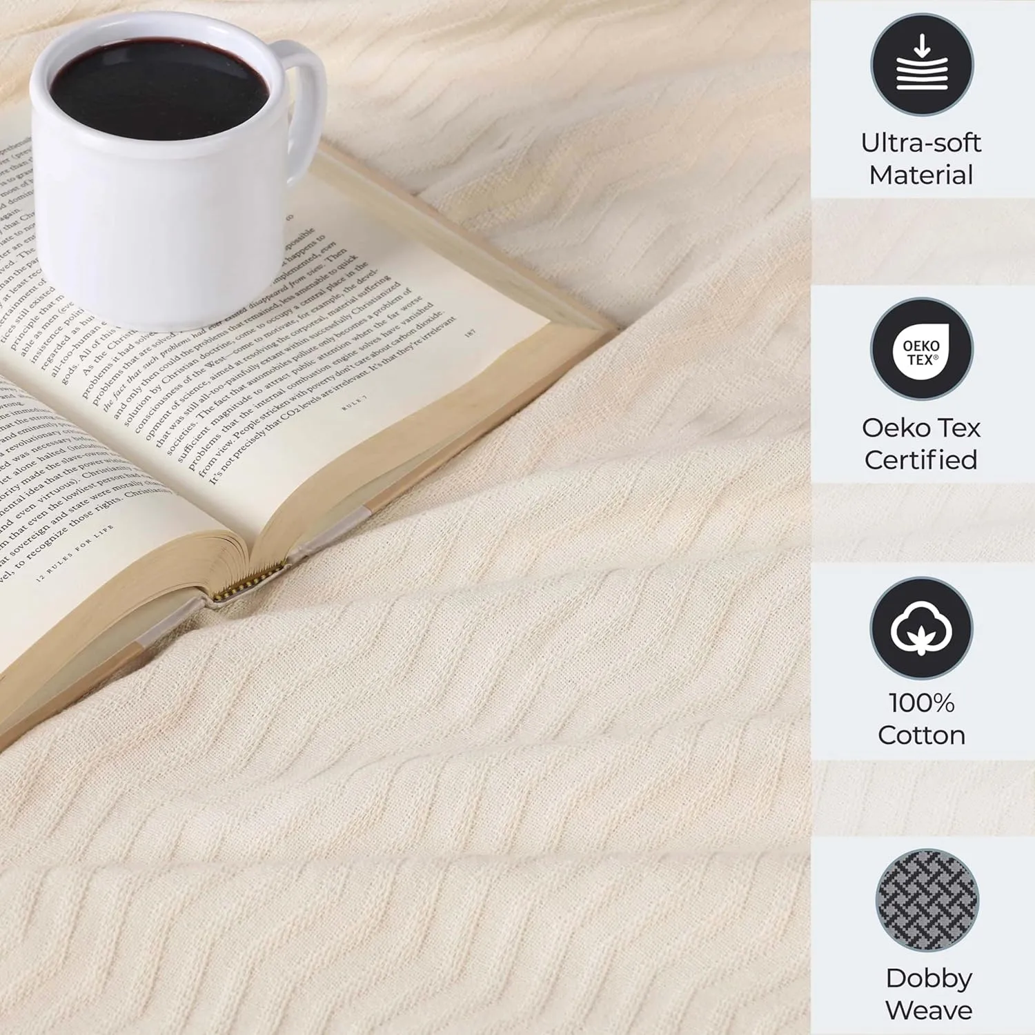 Superior JENA Cotton Blanket, for Picnic, Beach, Traveling or Camping, Bedroom Decor, Essentials, Cover for Bed, Couch, Lounging, Textured Jacquard, Modern Chevron Woven Blanket, Throw, Ivory