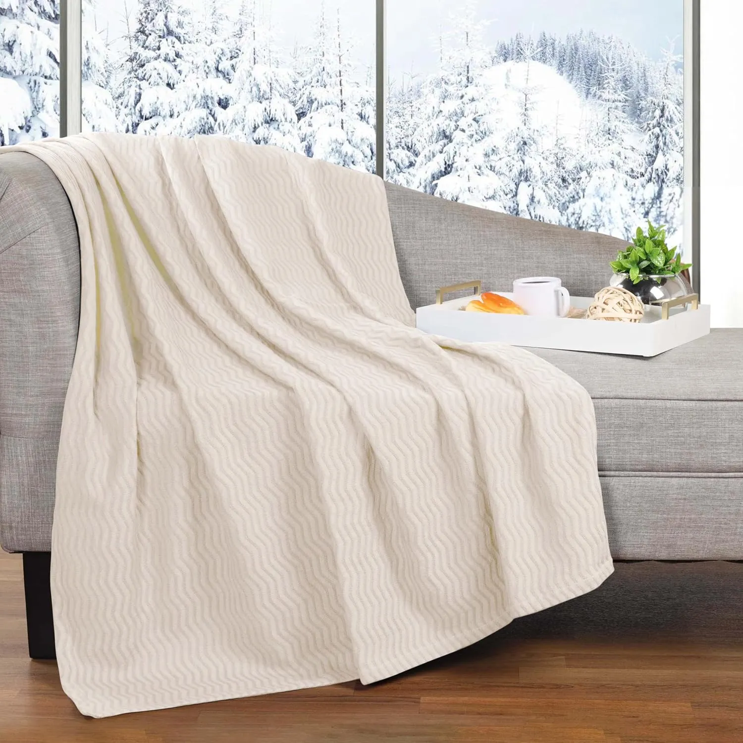 Superior JENA Cotton Blanket, for Picnic, Beach, Traveling or Camping, Bedroom Decor, Essentials, Cover for Bed, Couch, Lounging, Textured Jacquard, Modern Chevron Woven Blanket, Throw, Ivory