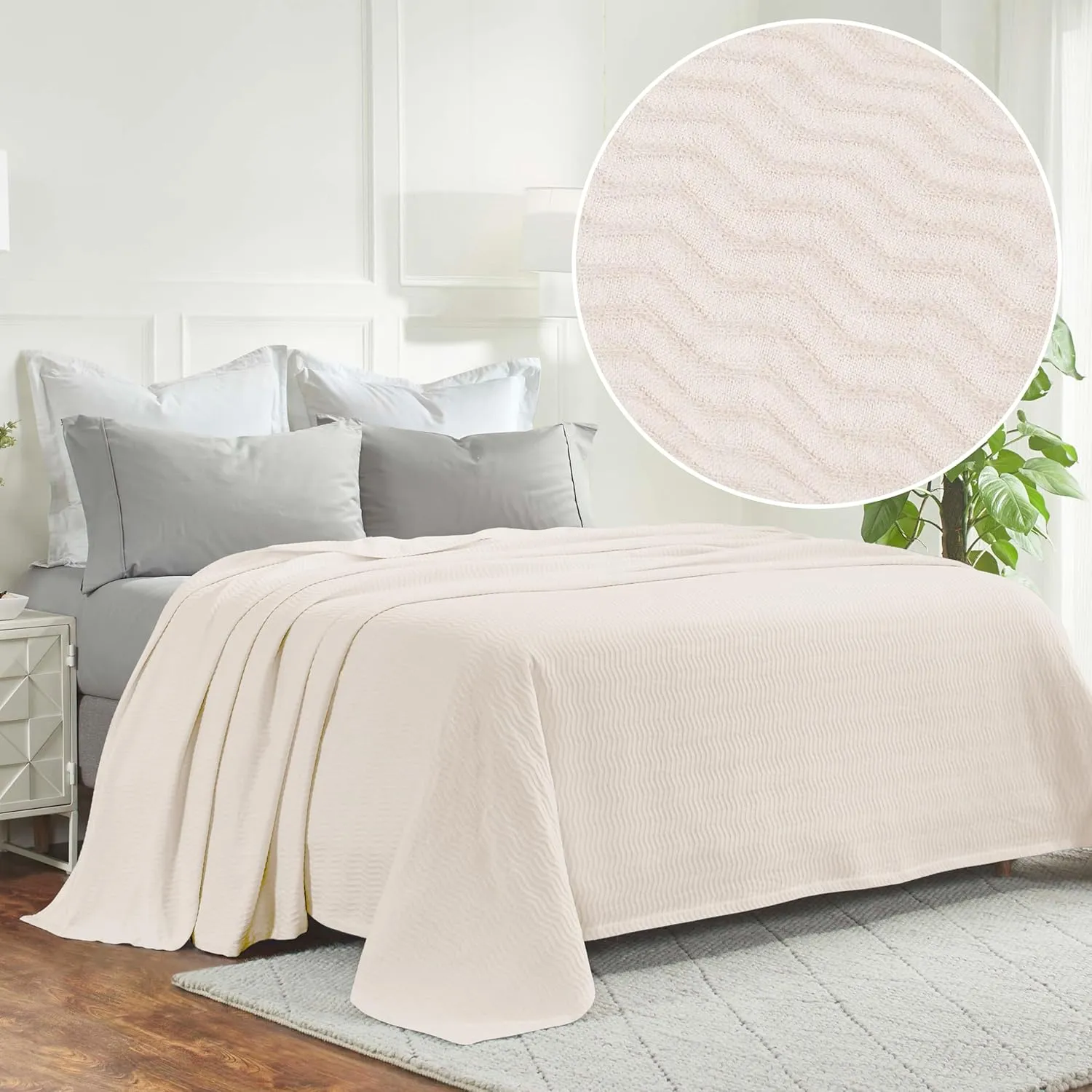 Superior JENA Cotton Blanket, for Picnic, Beach, Traveling or Camping, Bedroom Decor, Essentials, Cover for Bed, Couch, Lounging, Textured Jacquard, Modern Chevron Woven Blanket, Throw, Ivory