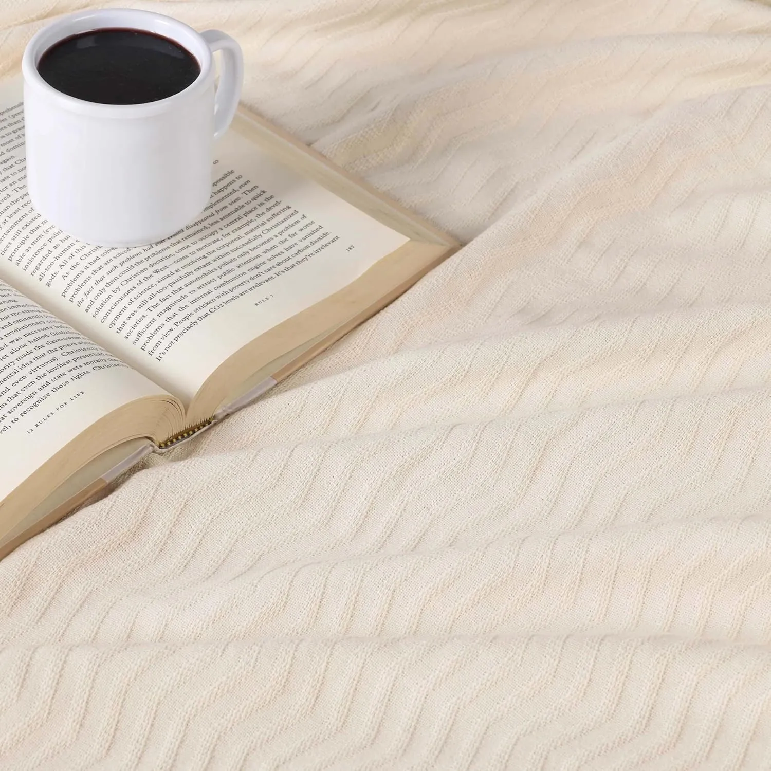 Superior JENA Cotton Blanket, for Picnic, Beach, Traveling or Camping, Bedroom Decor, Essentials, Cover for Bed, Couch, Lounging, Textured Jacquard, Modern Chevron Woven Blanket, Throw, Ivory