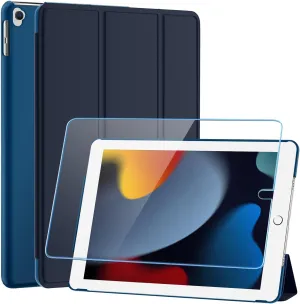 SUPFINE for 10.2 Inch iPad 9th Generation Case 2021, with [ Glass Screen Protector ]/ iPad 8th/7th Generation Case 2020/2019, Slim Stand Translucent Back Shell Cover, Dark Blue