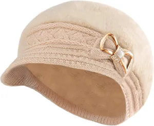 Surblue Lady Knit Newsboy Cap Beret Hats s Crystal Bow Angora Plush Winter Beanie Crochet