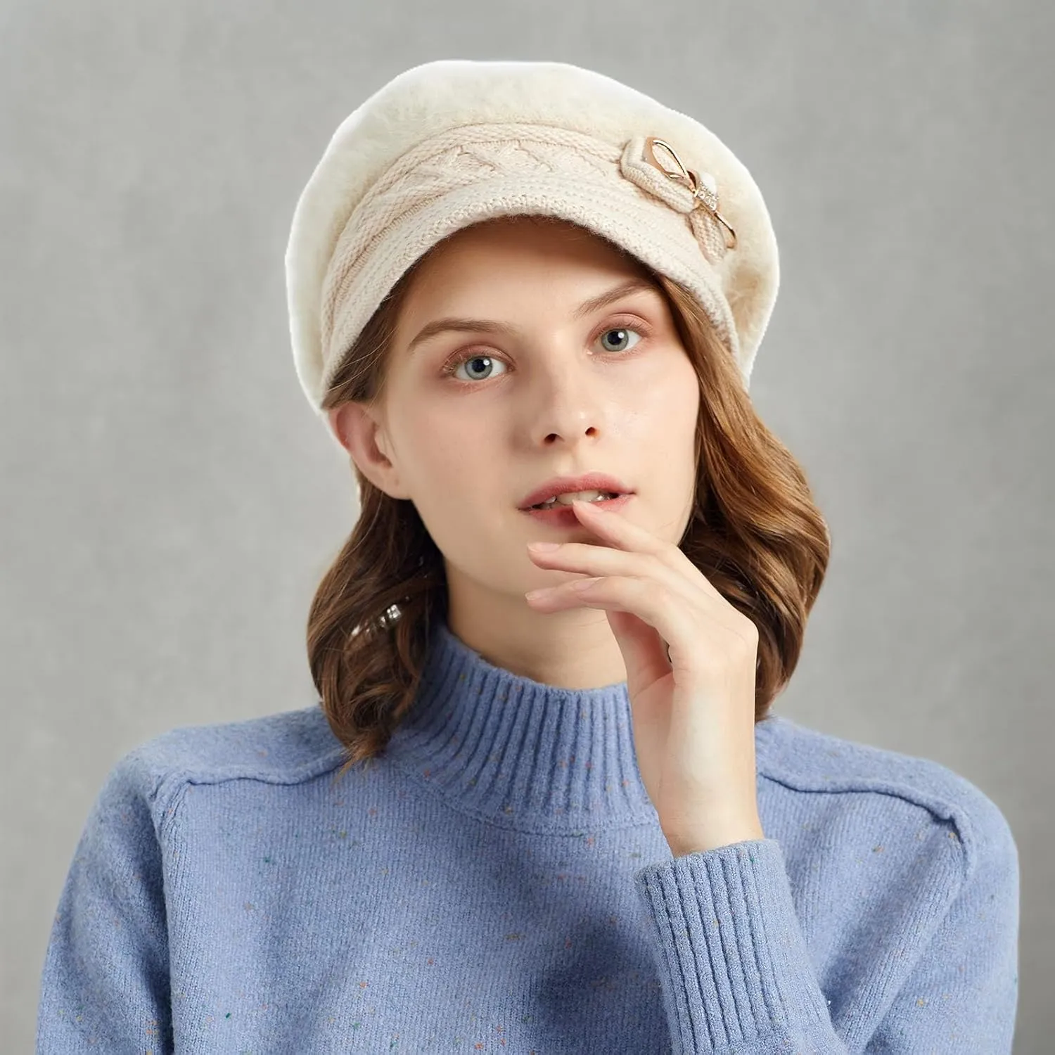 Surblue Lady Knit Newsboy Cap Beret Hats s Crystal Bow Angora Plush Winter Beanie Crochet