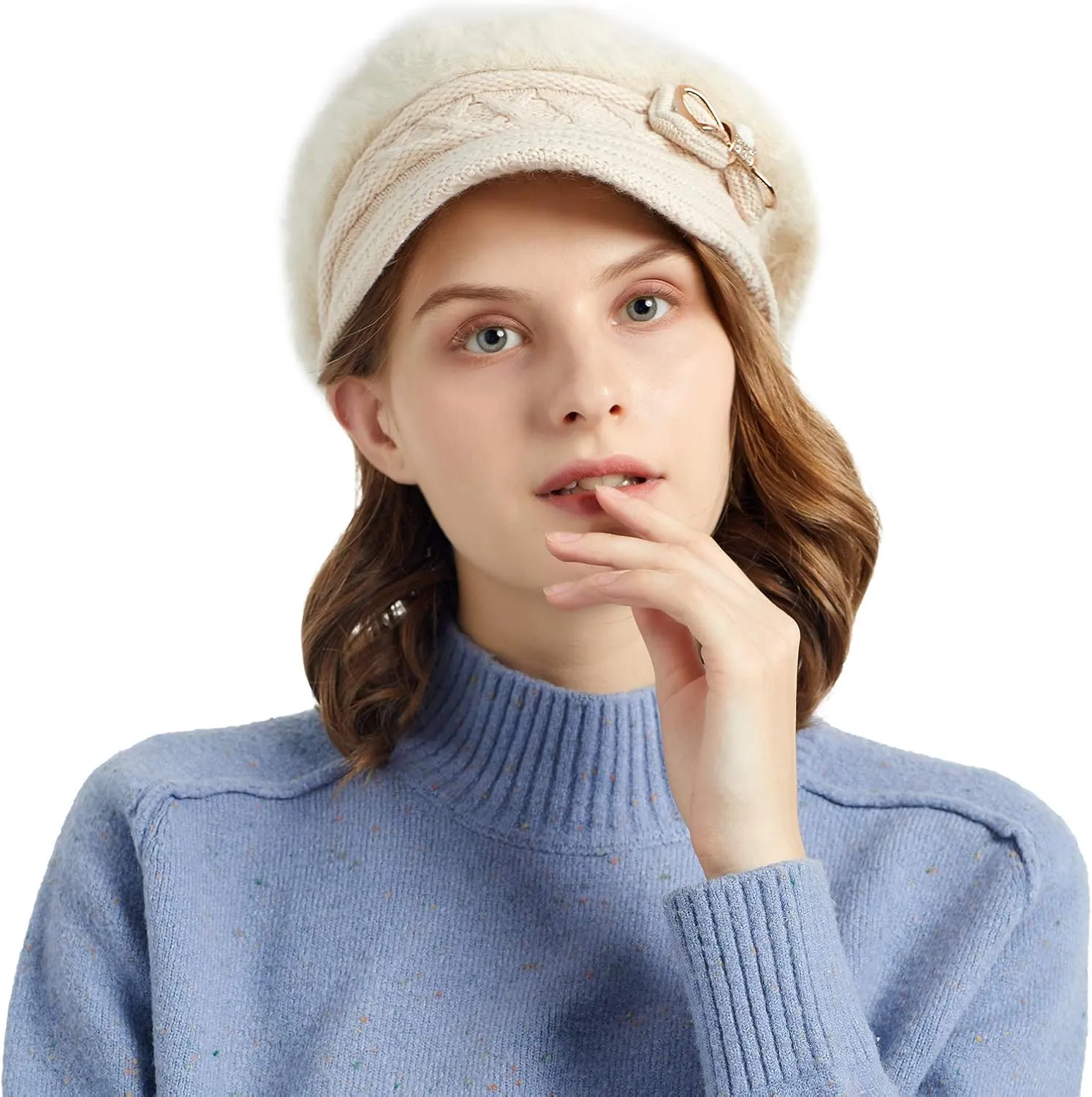 Surblue Lady Knit Newsboy Cap Beret Hats s Crystal Bow Angora Plush Winter Beanie Crochet