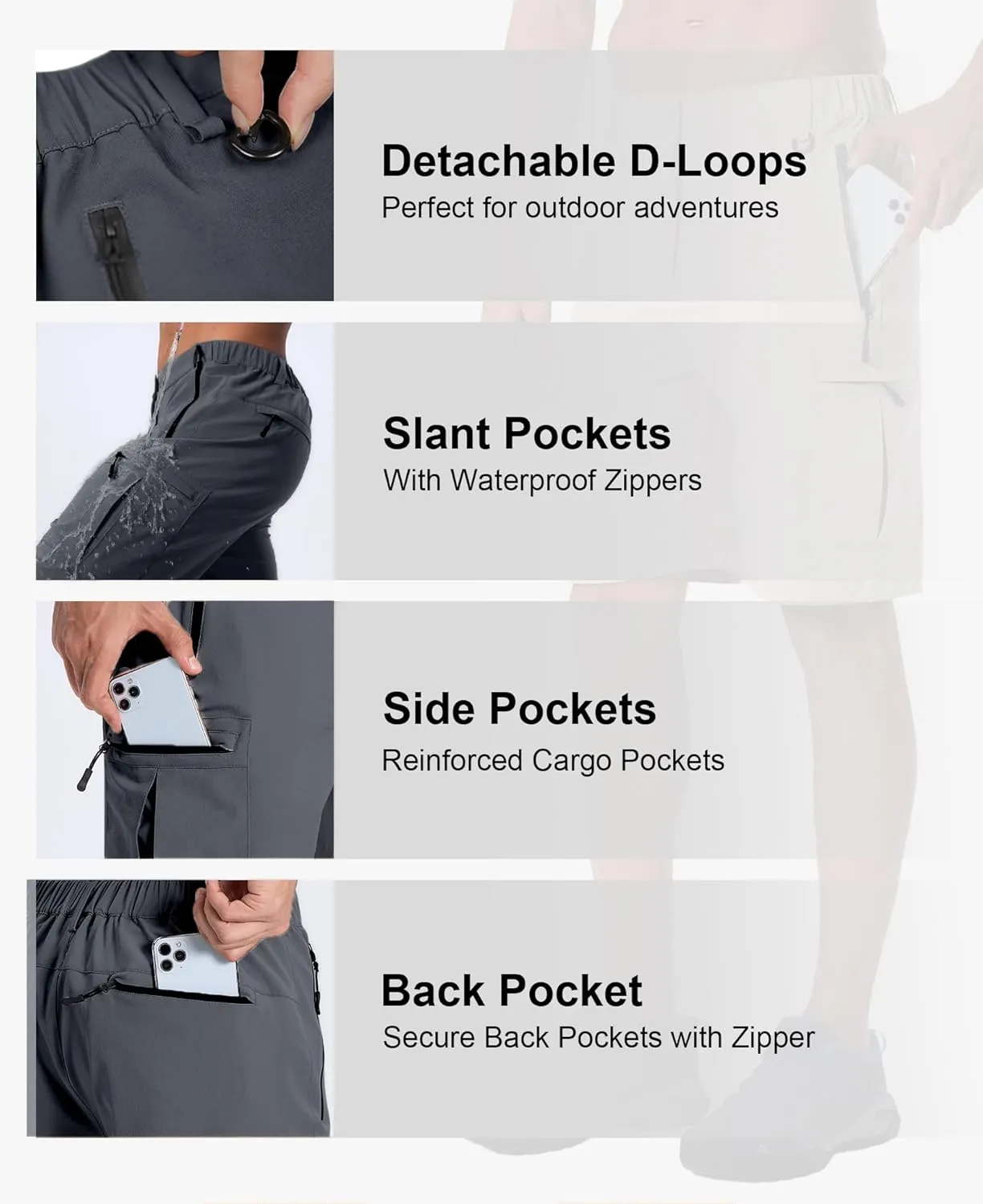 Susclude Hiking Cargo Shorts for Men Quick Dry Stretch Mens Hybrid Shorts with 5 Zipper Pockets for Golf Running