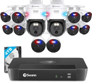 Swann Home Security Camera System with 4TB HDD, 16 Channel 12 Cam, POE Cat5e NVR 12MP HD Video, Indoor or Outdoor Wired Surveillance CCTV, Color Night Vision, Heat Motion Detection, 1690010B2PT