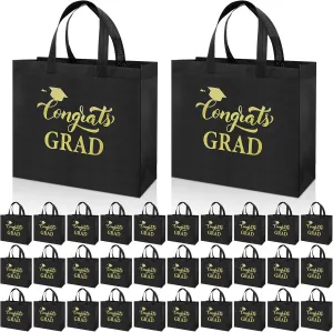 Sweetude 30 Pcs Large Graduation Gift Bags Bulk with Handles Reusable Non Woven Congrats Grad Tote Bags 12 x 11 x 5 Inch Graduation Party Favors for Grad College Nursing High School(Black)