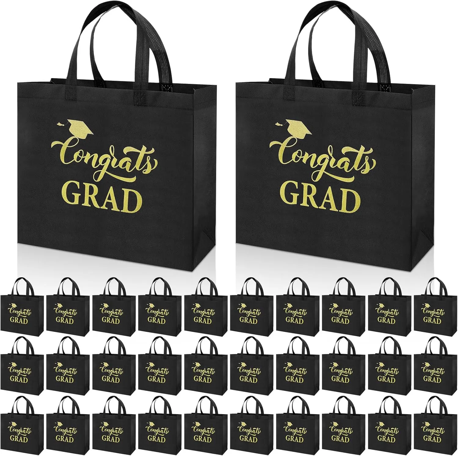Sweetude 30 Pcs Large Graduation Gift Bags Bulk with Handles Reusable Non Woven Congrats Grad Tote Bags 12 x 11 x 5 Inch Graduation Party Favors for Grad College Nursing High School(Black)