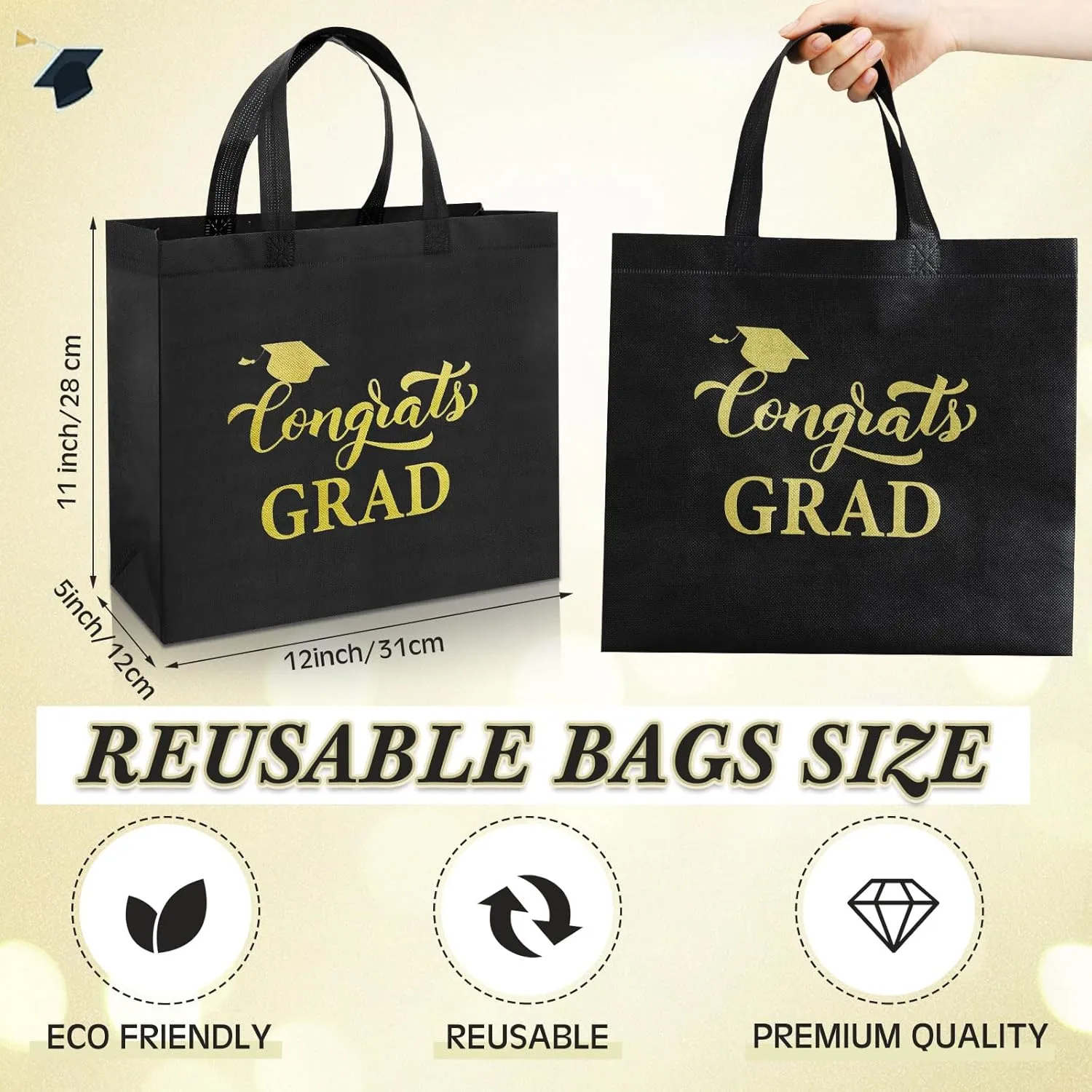 Sweetude 30 Pcs Large Graduation Gift Bags Bulk with Handles Reusable Non Woven Congrats Grad Tote Bags 12 x 11 x 5 Inch Graduation Party Favors for Grad College Nursing High School(Black)