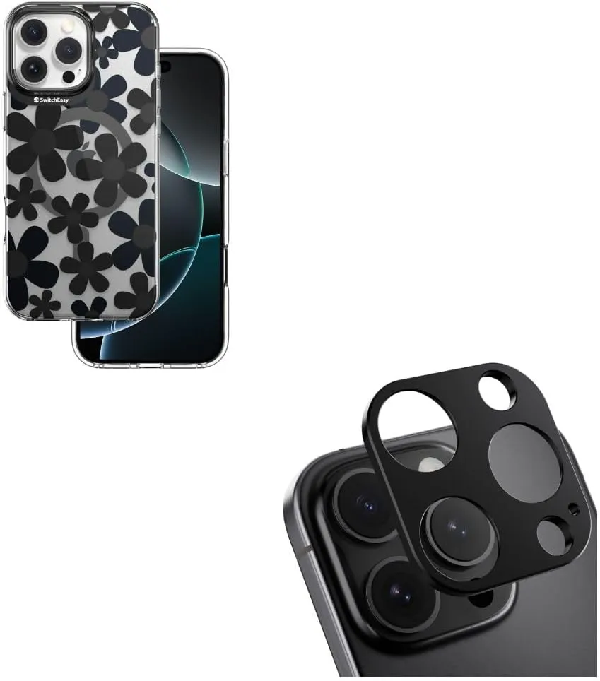 SWITCHEASY Camera Lens Protector for 16 Pro Max 6.9"(Titanium Black) Bundle with Flower Floral Case for iPhone 16 Pro Max 6.9"(Black)