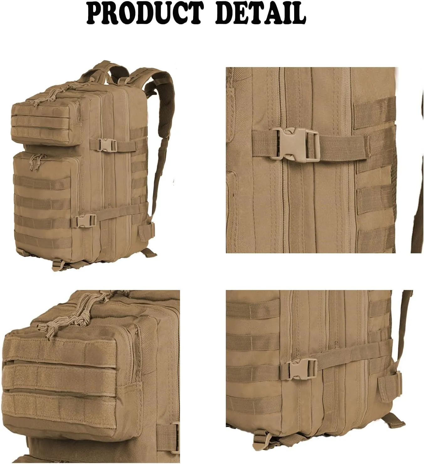 Tactical Backpack Military Hunting Gym Hiking Rucking Backpack with Weights Survival Rucksack Tool Motorcycle Accessories Fishing Camping Range Bag 50L for Men (Khaki)