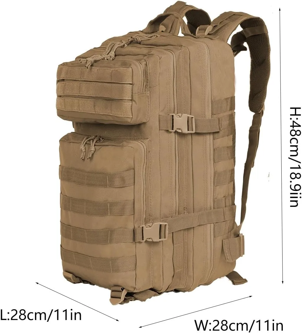 Tactical Backpack Military Hunting Gym Hiking Rucking Backpack with Weights Survival Rucksack Tool Motorcycle Accessories Fishing Camping Range Bag 50L for Men (Khaki)
