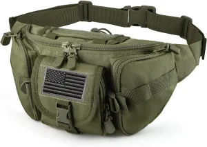 Tactical Fanny Pack Military Waist Bag Pack with USA Flag Patch Utility Hip Pack with Adjustable Strap for Outdoors Fishing Cycling Camping Hiking Dog Walking (Army green)