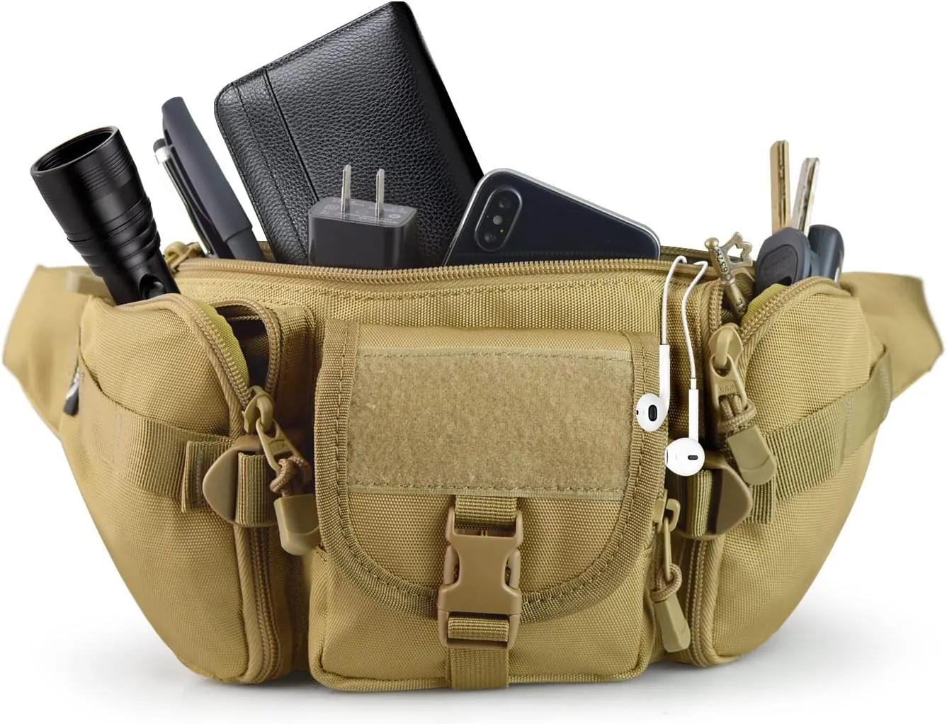 Tactical Fanny Pack Military Waist Bag Pack with USA Flag Patch Utility Hip Pack with Adjustable Strap for Outdoors Fishing Cycling Camping Hiking Dog Walking (Tan)