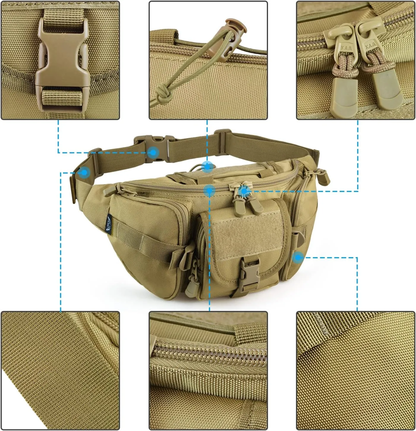 Tactical Fanny Pack Military Waist Bag Pack with USA Flag Patch Utility Hip Pack with Adjustable Strap for Outdoors Fishing Cycling Camping Hiking Dog Walking (Tan)