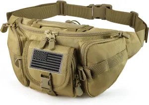 Tactical Fanny Pack Military Waist Bag Pack with USA Flag Patch Utility Hip Pack with Adjustable Strap for Outdoors Fishing Cycling Camping Hiking Dog Walking (Tan)