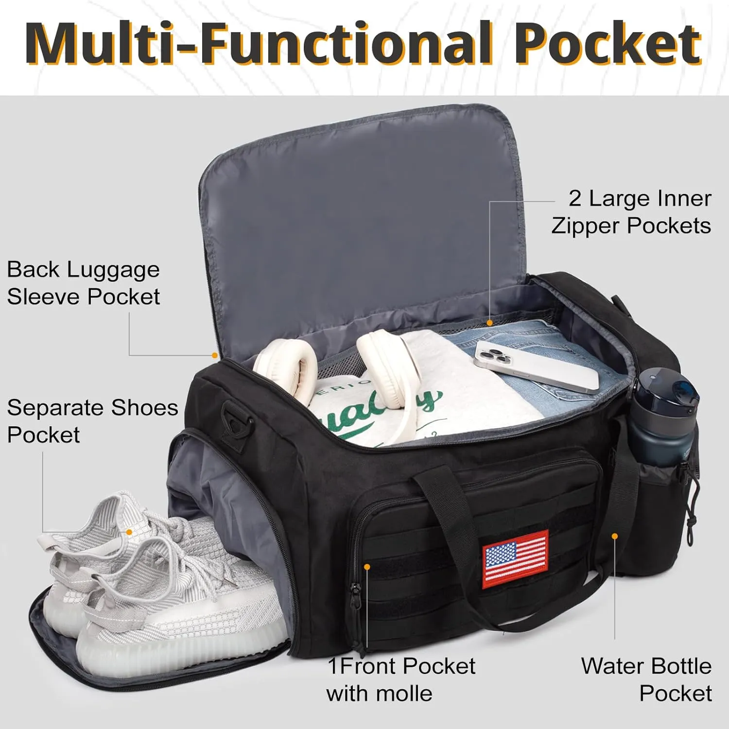 Tactical Gym Bag For Men, 40L Large Capacity Duffle Bags With Shoes Compartment, Sports Bag With Wet Compartment, Multi-Functional Weekend Bags Suitable For Travel, Camping,Hiking