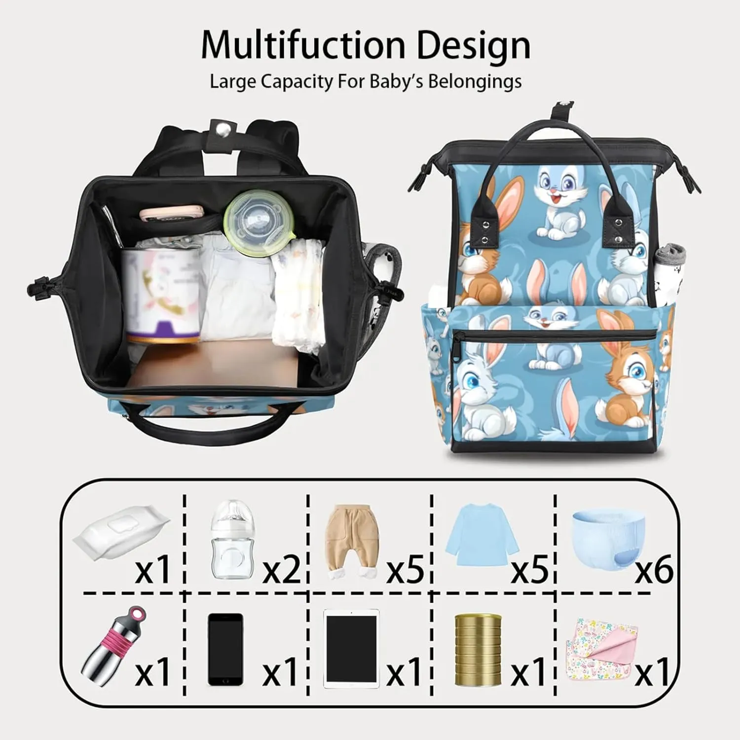 Tavisto Charming Bunny Circle Double Shoulder Mommy Bag for Women, Polyester Large Capacity Diaper Backpack with Multi Pockets, Waterproof Adjustable Straps Diaper Bag for Moms Dads, 11''×7''×15.7''