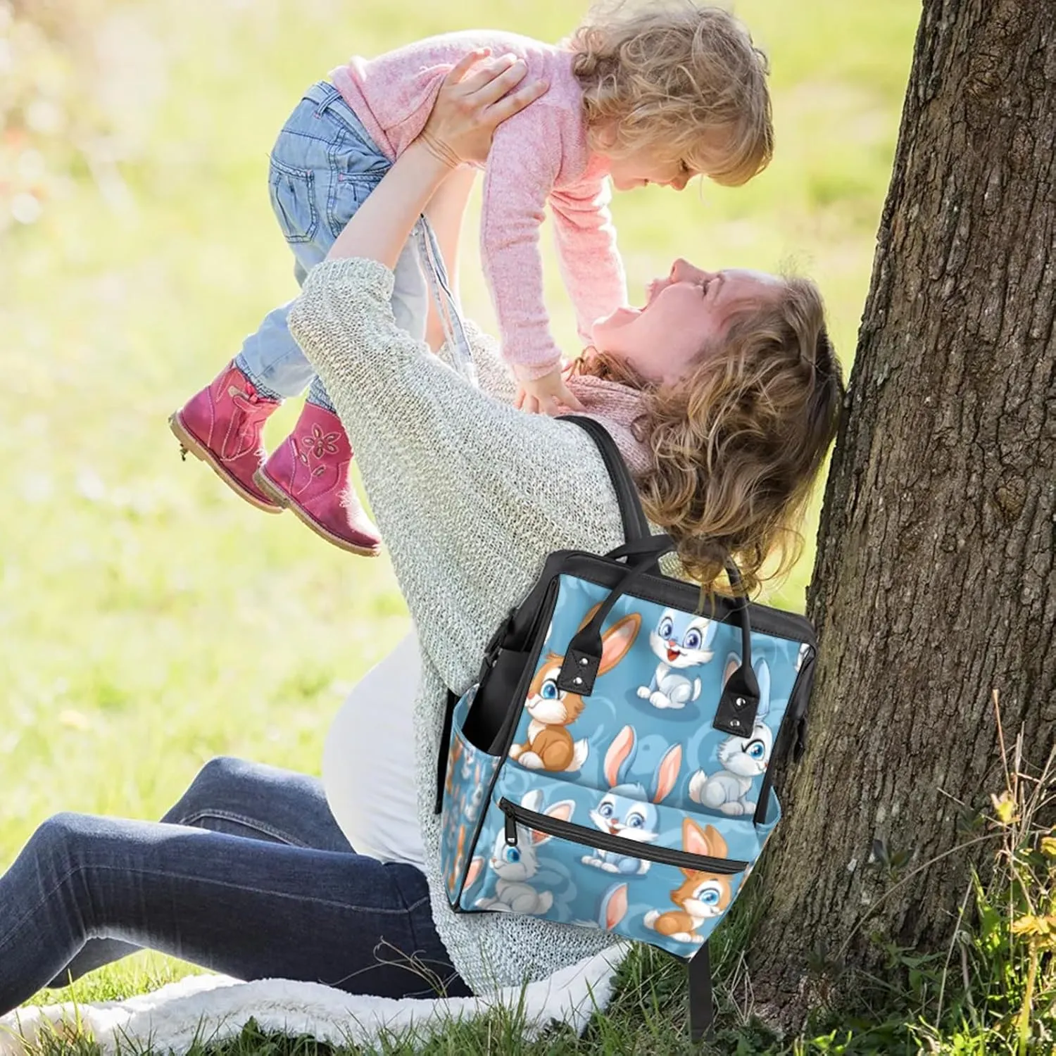 Tavisto Charming Bunny Circle Double Shoulder Mommy Bag for Women, Polyester Large Capacity Diaper Backpack with Multi Pockets, Waterproof Adjustable Straps Diaper Bag for Moms Dads, 11''×7''×15.7''