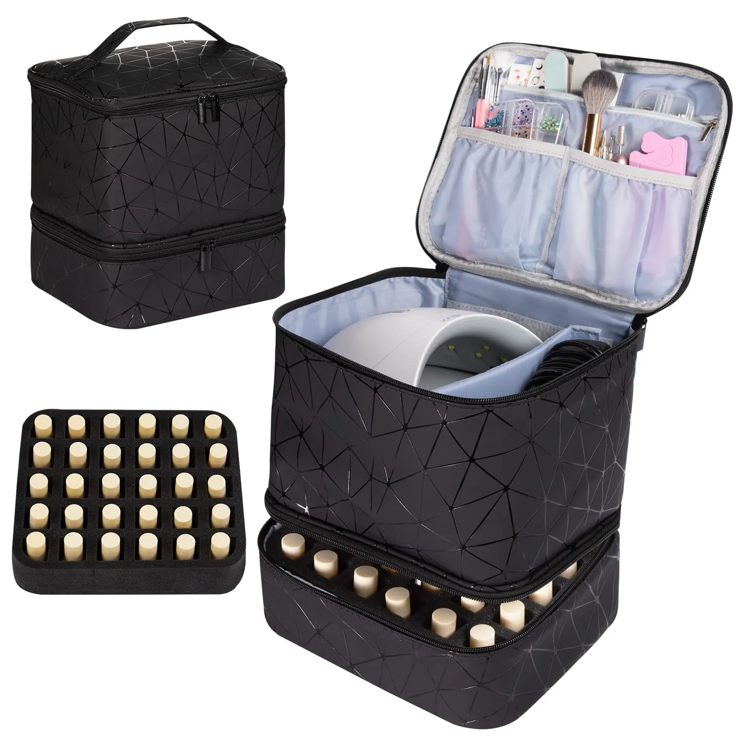 TDIFFUN Nail Polish Organizer and Nail Dryer Case, Double-Layer Nail Polish Storage Holds 30 Bottles (15ml/0.5 fl.oz) and 1 Led Nail Lamp, Travel Carrying (Black)