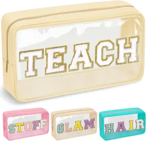 Teacher Appreciation Gifts Chenille Letter Clear Makeup Bag TEACH Pouch, Preppy Patch Makeup Bag with Zipper Graduation Retirement Birthday Cosmetic Bag Teacher Gifts Supplies for Women(TEACH-Beige)