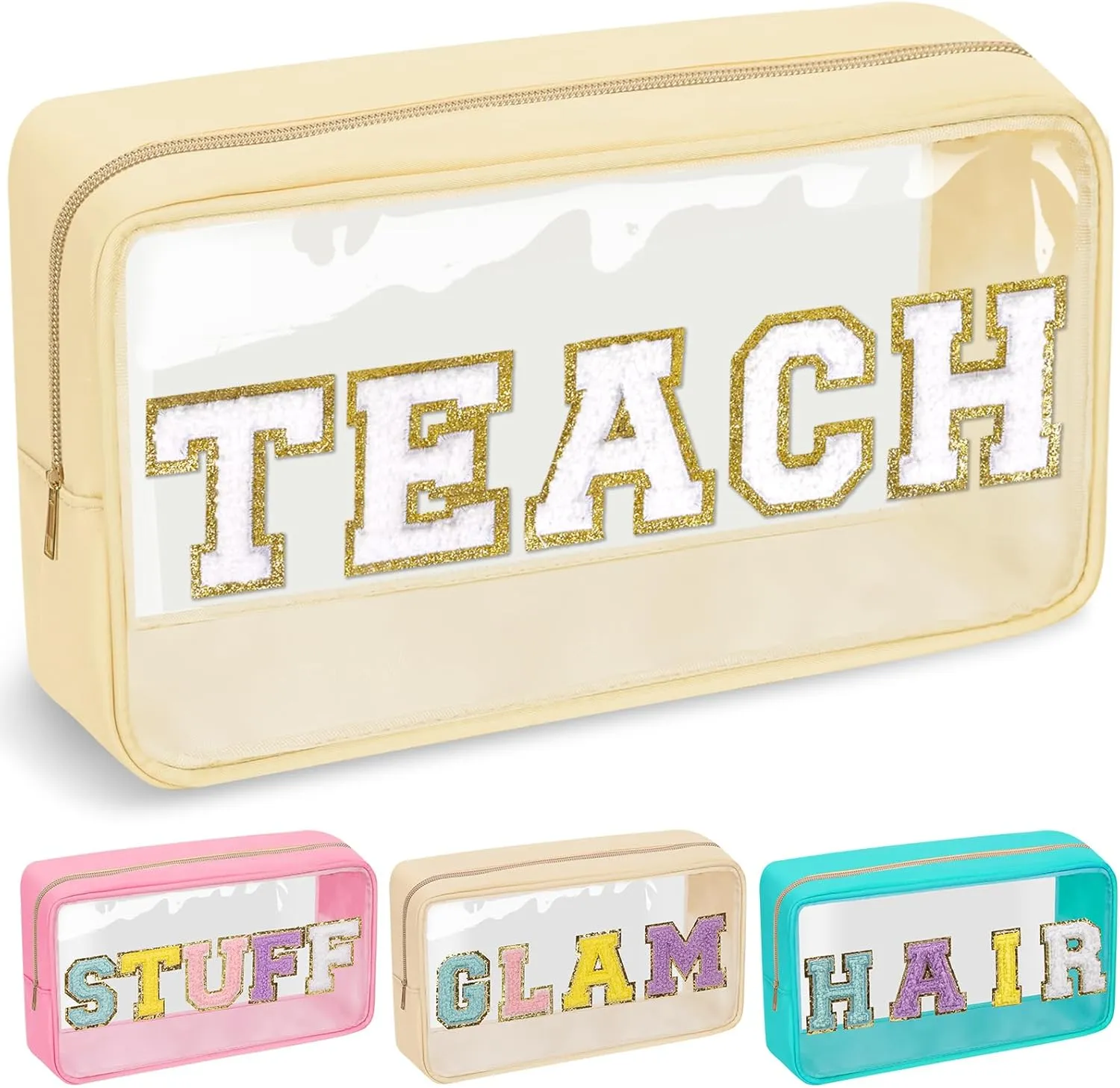 Teacher Appreciation Gifts Chenille Letter Clear Makeup Bag TEACH Pouch, Preppy Patch Makeup Bag with Zipper Graduation Retirement Birthday Cosmetic Bag Teacher Gifts Supplies for Women(TEACH-Beige)