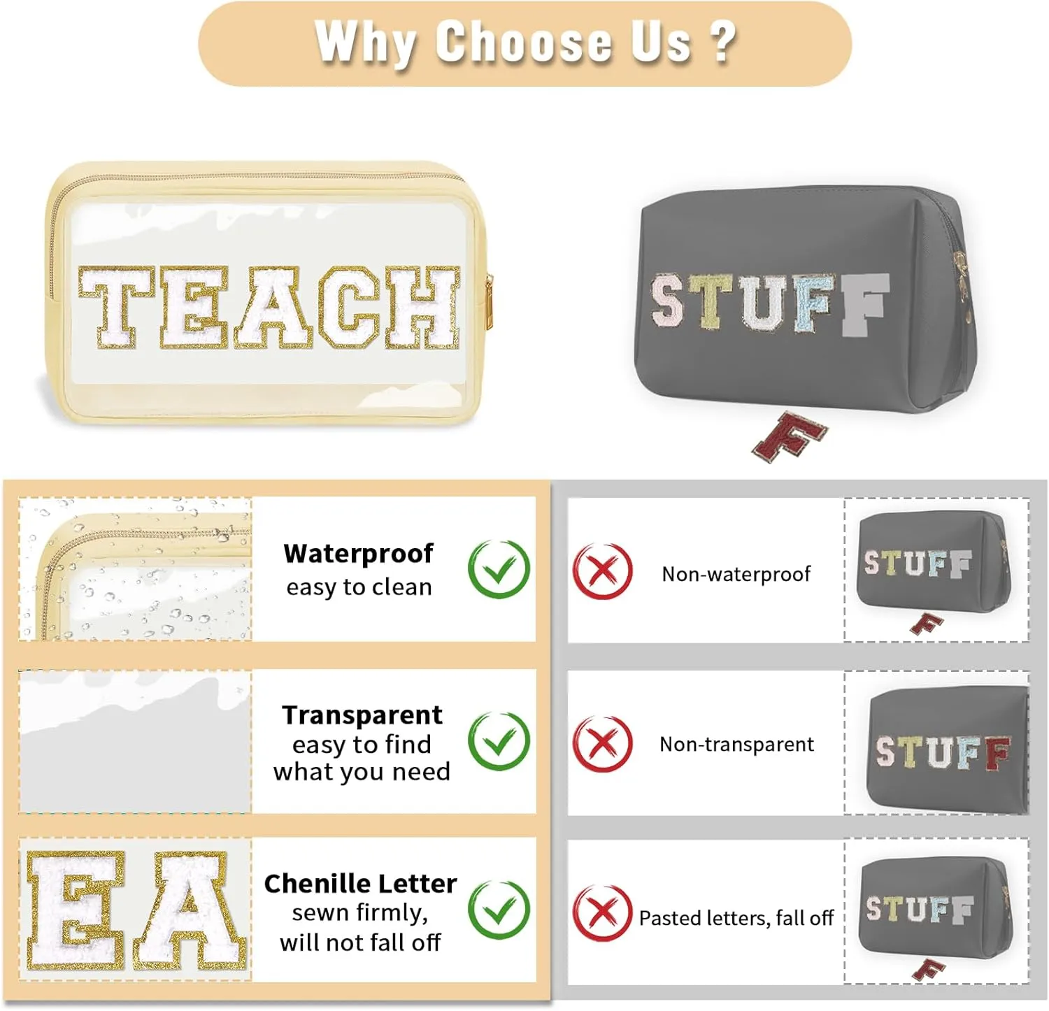 Teacher Appreciation Gifts Chenille Letter Clear Makeup Bag TEACH Pouch, Preppy Patch Makeup Bag with Zipper Graduation Retirement Birthday Cosmetic Bag Teacher Gifts Supplies for Women(TEACH-Beige)