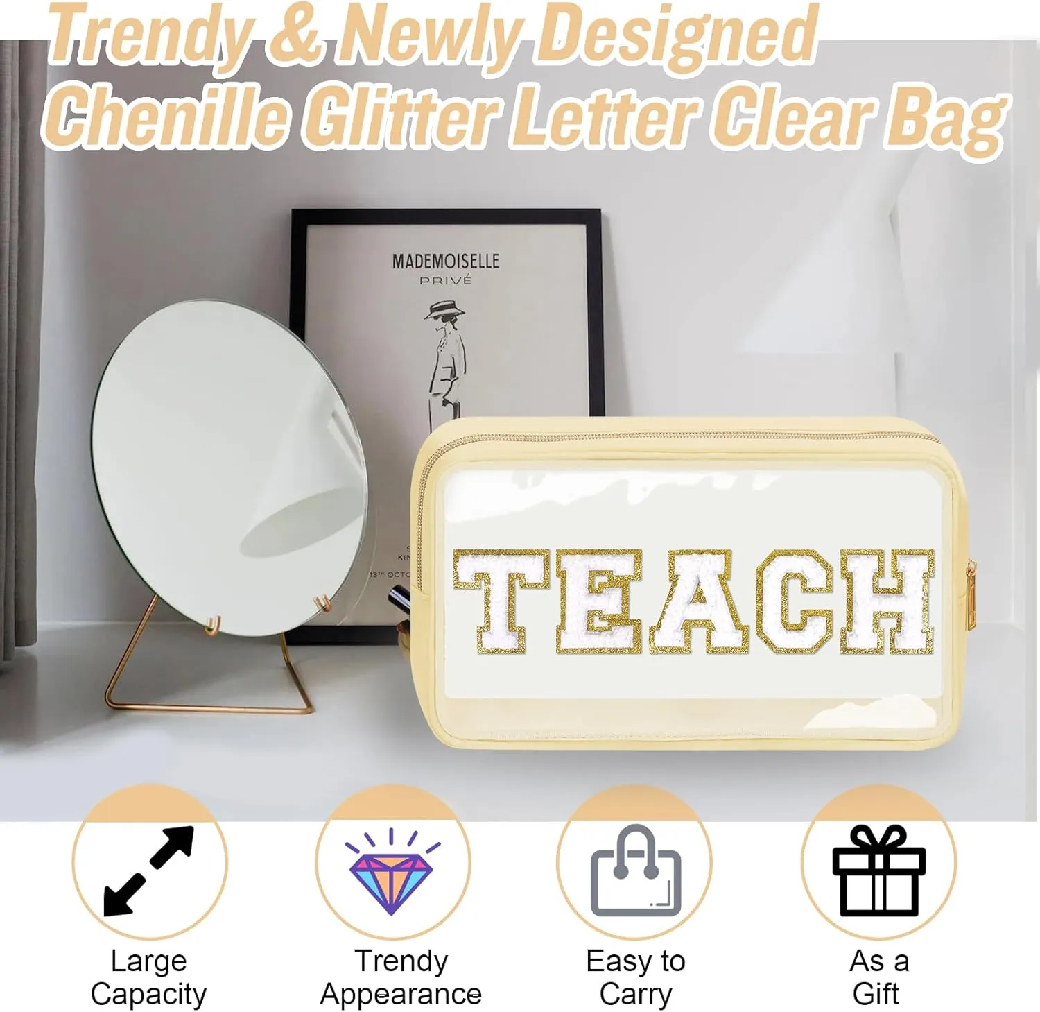 Teacher Appreciation Gifts Chenille Letter Clear Makeup Bag TEACH Pouch, Preppy Patch Makeup Bag with Zipper Graduation Retirement Birthday Cosmetic Bag Teacher Gifts Supplies for Women(TEACH-Beige)