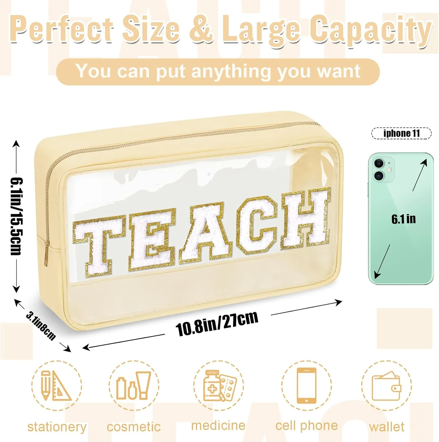 Teacher Appreciation Gifts Chenille Letter Clear Makeup Bag TEACH Pouch, Preppy Patch Makeup Bag with Zipper Graduation Retirement Birthday Cosmetic Bag Teacher Gifts Supplies for Women(TEACH-Beige)